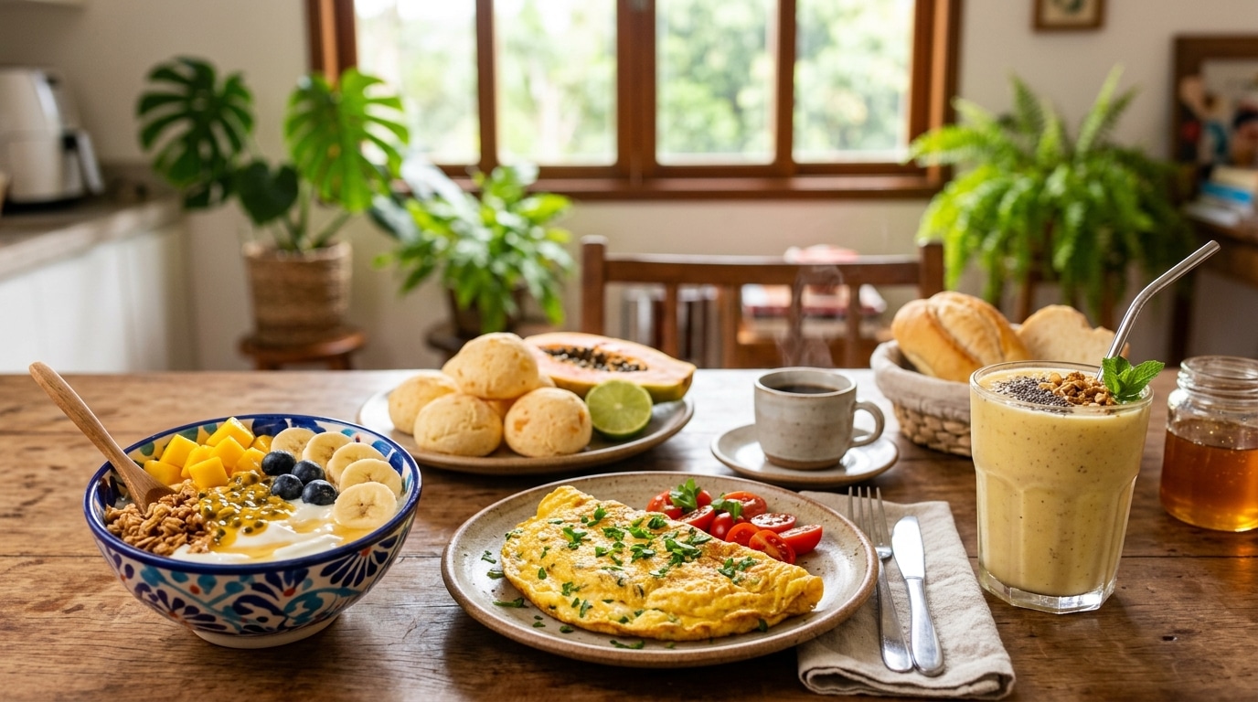 Mesa de madeira ampla e bem decorada com diversos itens típicos de um café da manhã brasileiro: cestas com pão francês, queijo minas frescal, frutas tropicais picadas, xícaras de café fumegante e bolo caseiro.