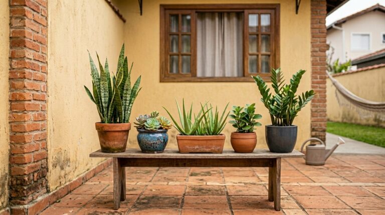 Vasos de diferentes tamanhos com plantas como Espada-de-São-Jorge, suculentas e Zamioculca organizados sobre um banco de madeira rústico em uma varanda.