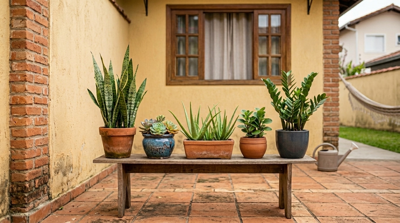 Vasos de diferentes tamanhos com plantas como Espada-de-São-Jorge, suculentas e Zamioculca organizados sobre um banco de madeira rústico em uma varanda.