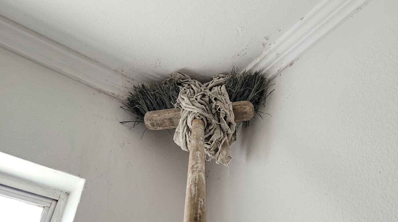 Cabeça de uma vassoura de cerdas coberta por um pano de chão amarrado, sendo pressionada contra a quina de um teto branco para remover sujeiras e teias.