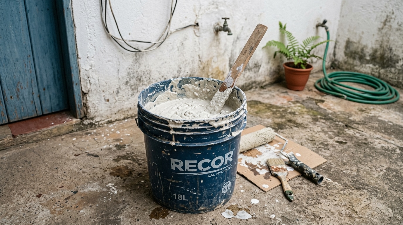 Balde azul sujo de respingos contendo uma mistura grossa e branca de cal hidratada. Ao lado, no chão de cimento, repousam um rolo de pintura e uma trincha sobre um pedaço de papelão.