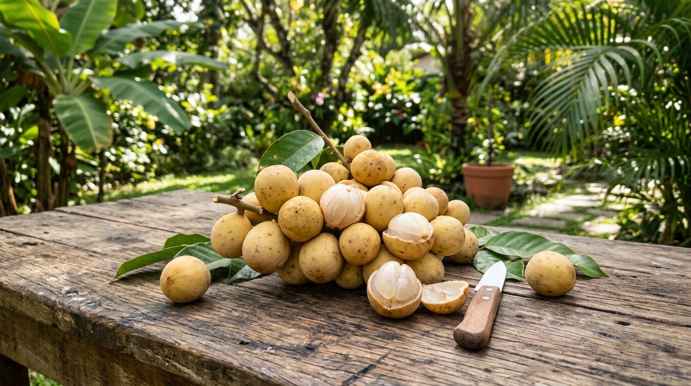 Cacho de frutas langsat amarelas sobre uma mesa de madeira rústica, com algumas unidades descascadas revelando uma polpa branca em gomos. Ao lado, uma pequena faca, com um jardim tropical desfocado ao fundo.