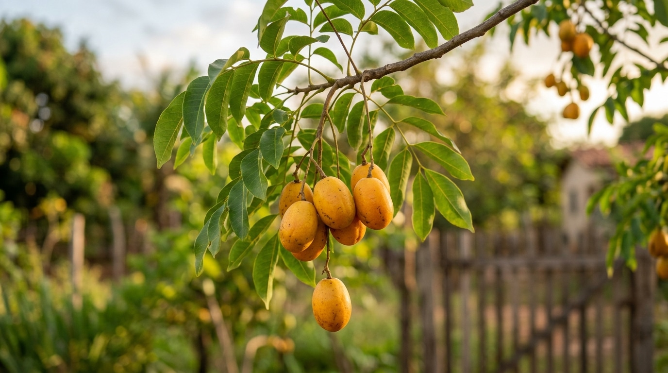 Galho de cajazeira carregado com frutos amarelos e ovais pendurados entre folhas verdes brilhantes, com uma paisagem rural e cerca de madeira desfocadas ao fundo.