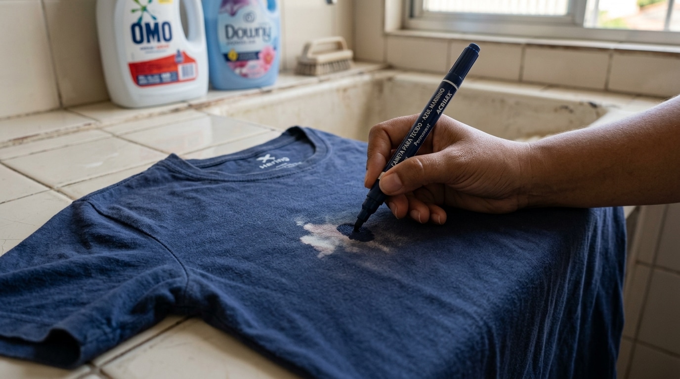 Mão utilizando uma caneta azul própria para tecido para pintar uma pequena mancha clara em uma camiseta escura.
