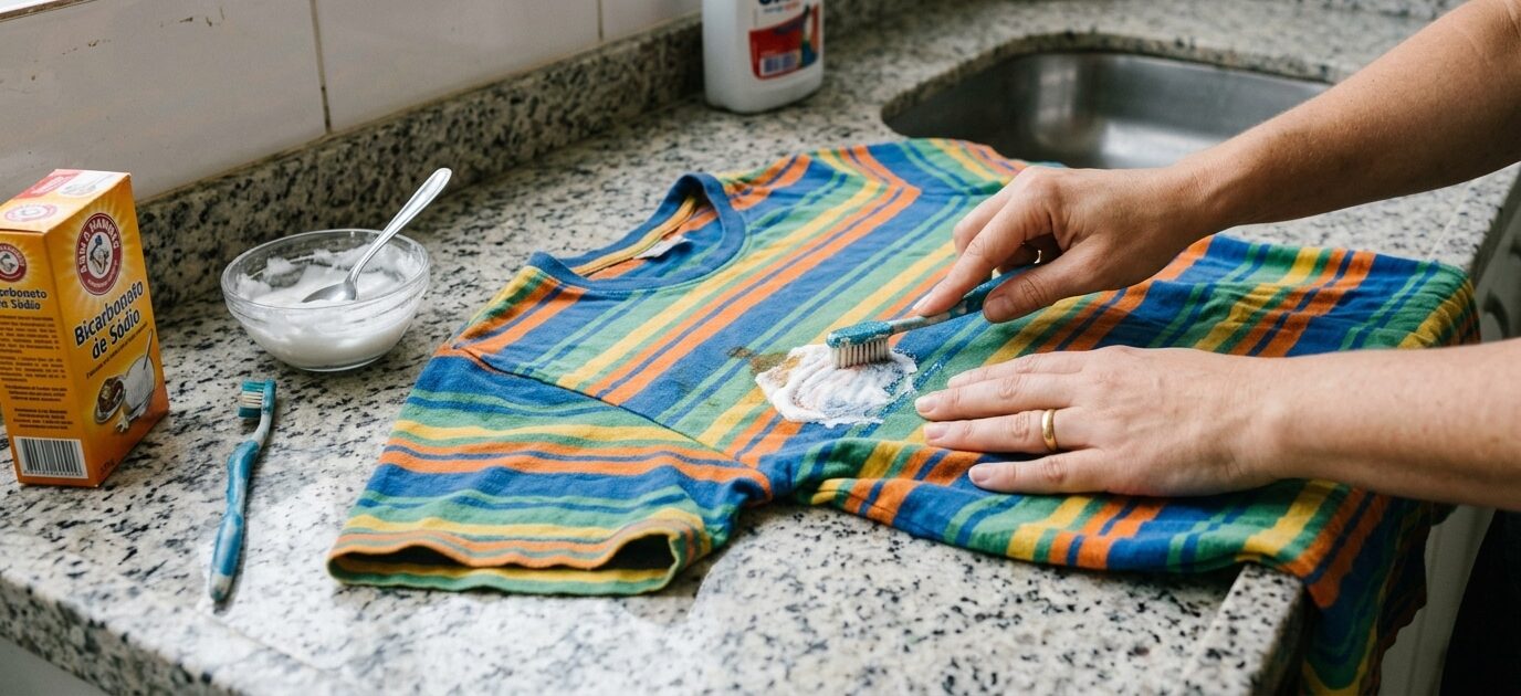 Pessoa usando uma escova de dentes para esfregar uma pasta de bicarbonato sobre a mancha de uma camiseta listrada.