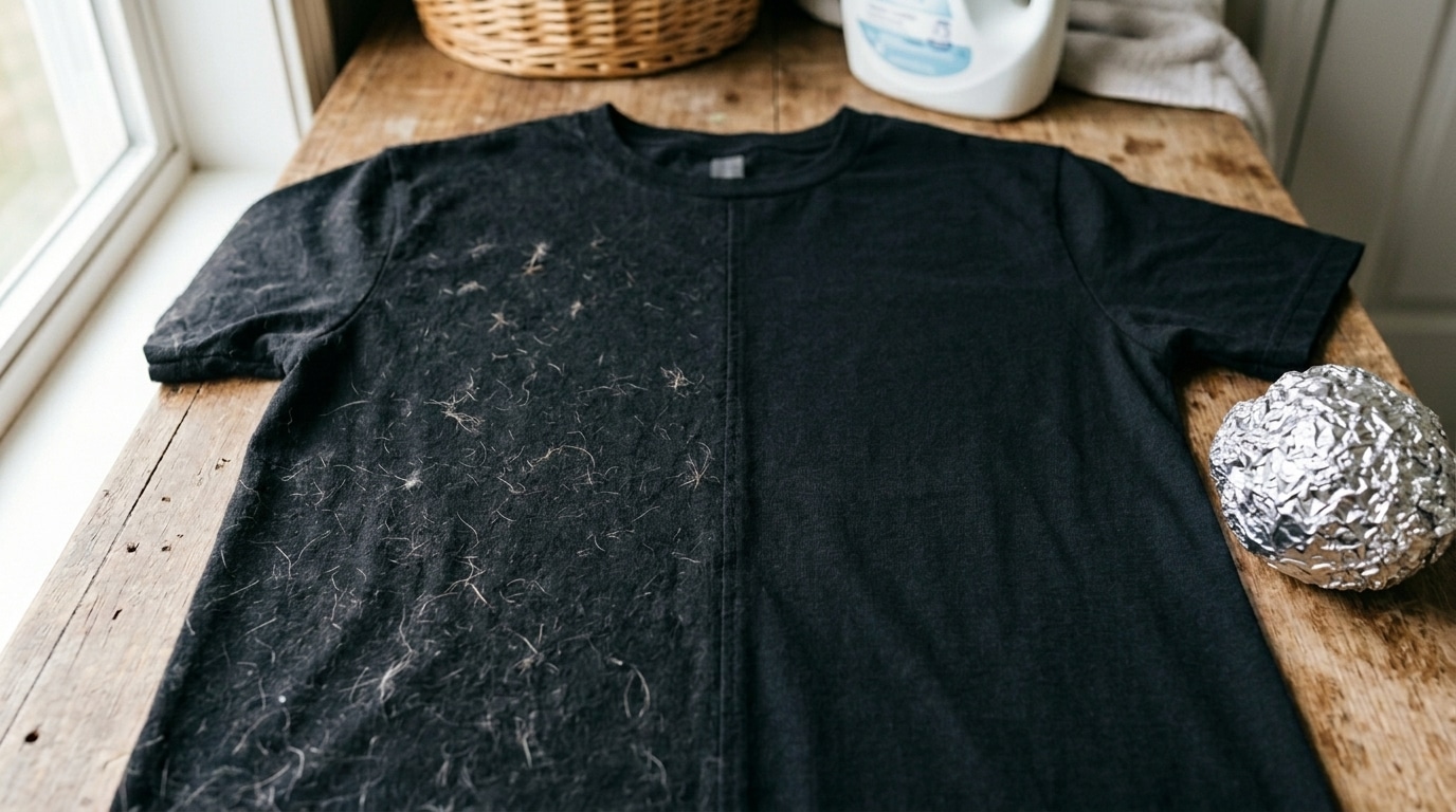 Camiseta preta de algodão dividida visualmente: a metade esquerda está coberta de pelos claros de animais, enquanto a metade direita está limpa. Ao lado da peça, há uma bola amassada de papel alumínio.
