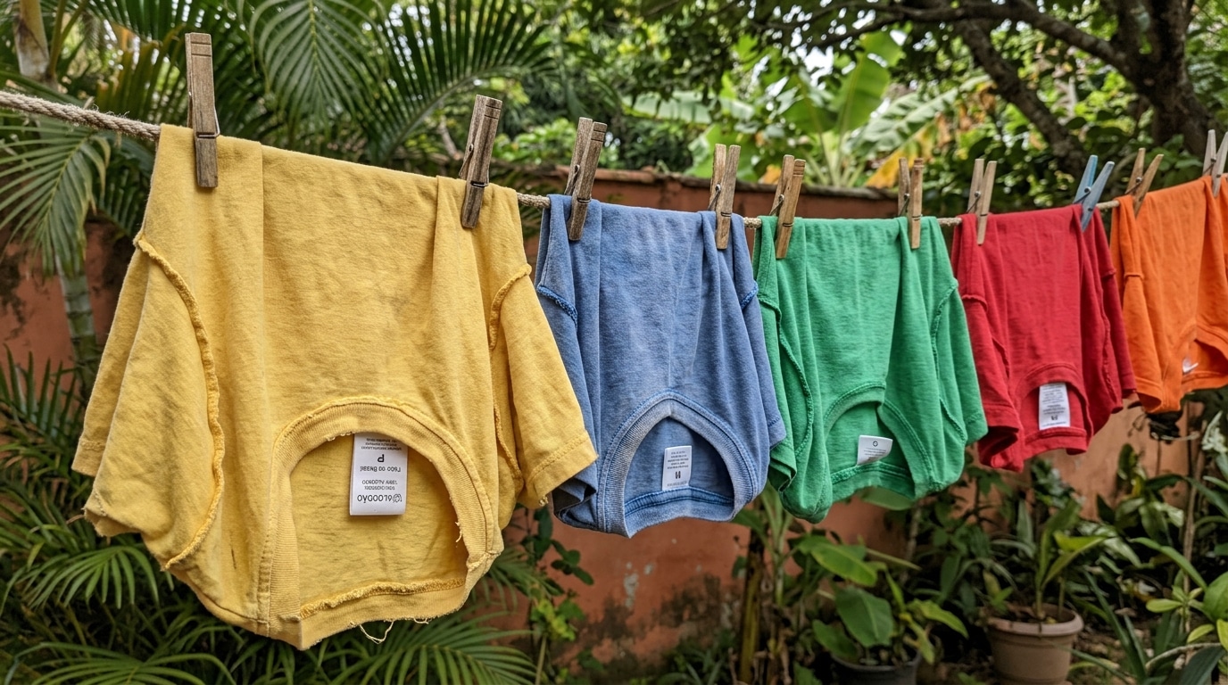 Cinco camisetas de algodão em cores vibrantes (amarelo, azul, verde, vermelho e laranja) estendidas de cabeça para baixo em um varal de corda rústica. Elas estão presas pela bainha inferior com pregadores de madeira tradicionais, tendo um jardim tropical denso como pano de fundo.