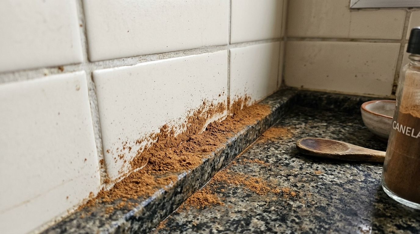 Uma linha grossa de canela em pó polvilhada ao longo do rodapé entre a pia de granito e a parede de azulejos claros, com um frasco de vidro escrito 'CANELA' e uma colher de pau ao lado.