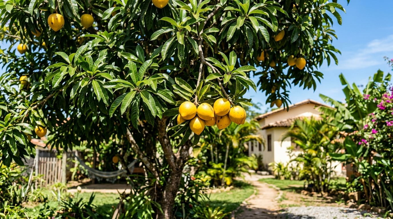 Árvore frondosa carregada de frutas-ovo (canistel) amarelas e maduras penduradas em galhos com folhas verdes. Ao fundo, um quintal ensolarado com um caminho de terra, rede de descanso e uma casa rústica.