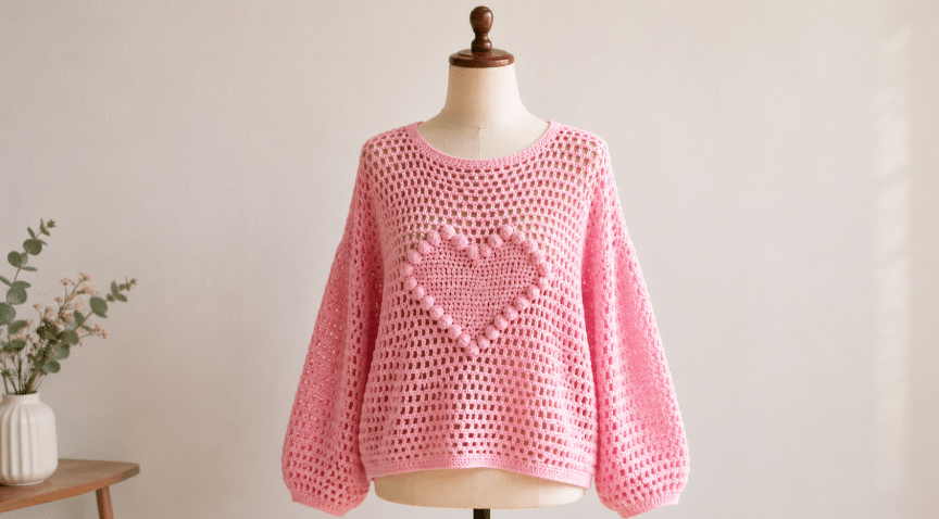 Blusa de crochê rosa com detalhe de coração em relevo, perfeita para quem ama peças delicadas, românticas e cheias de personalidade. O ponto vazado traz leveza, enquanto a aplicação central valoriza o trabalho artesanal e deixa o look ainda mais encantador.