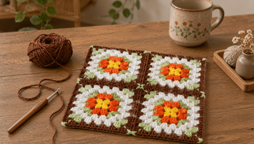 Squares de crochê com flores coloridas em um cantinho de criação artesanal, acompanhados de linha marrom e agulha como se a peça tivesse acabado de sair das mãos da artesã. Uma inspiração delicada para transformar pequenos quadradinhos em projetos cheios de charme.
