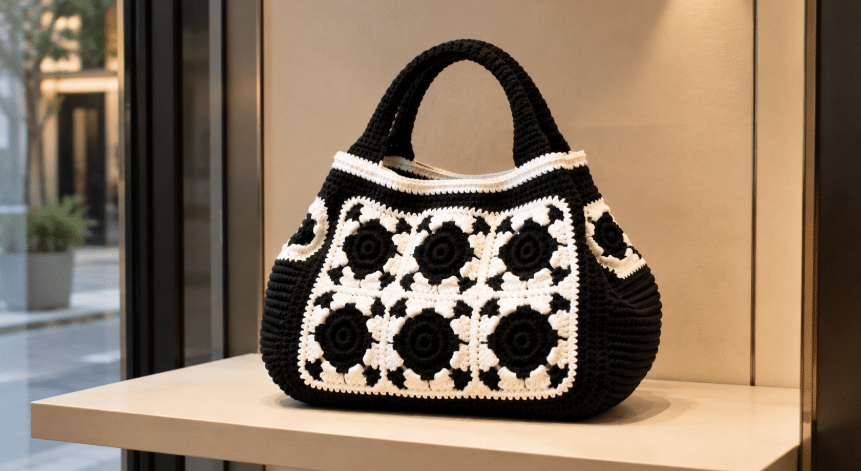 Bolsa de crochê preto e branco exposta em uma prateleira de loja, com squares florais, alças estruturadas e acabamento artesanal em destaque.