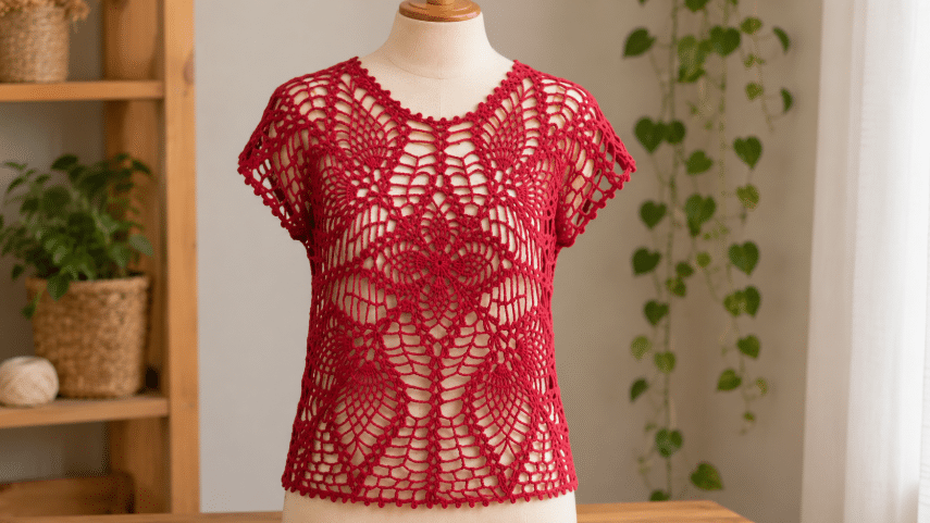 Blusa de crochê vermelha rendada em manequim, com mangas curtas, trama vazada e desenho floral no centro, exposta em ambiente claro e artesanal.