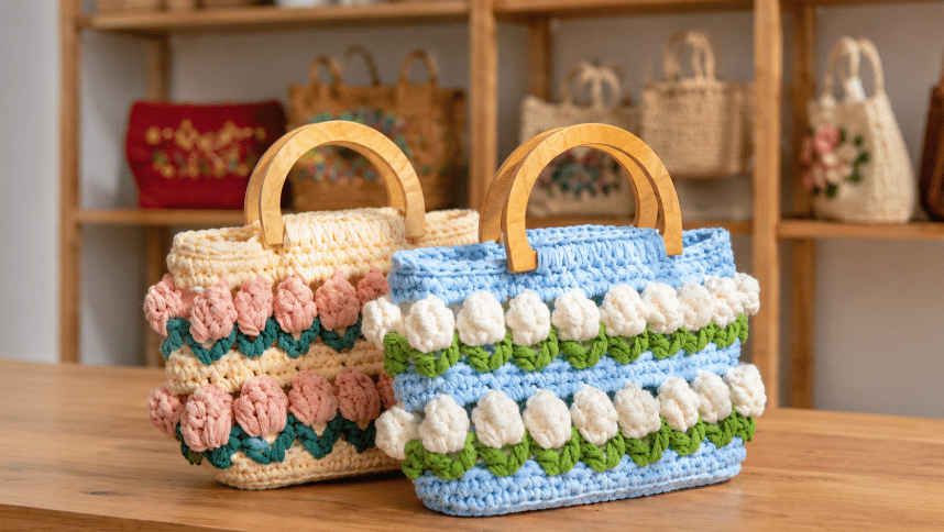 Duas bolsas de crochê com alças de madeira expostas sobre uma mesa, uma em tons de creme e rosa e outra azul com detalhes florais brancos e verdes, em ambiente artesanal com prateleira ao fundo.