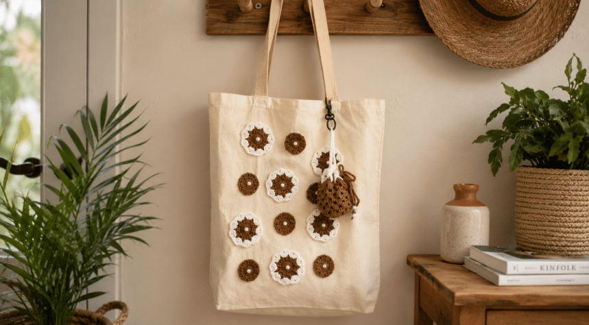 Ecobag de tecido cru pendurada em ambiente aconchegante, com aplicações circulares de crochê em tons de marrom e branco e pequeno acessório artesanal preso à alça.