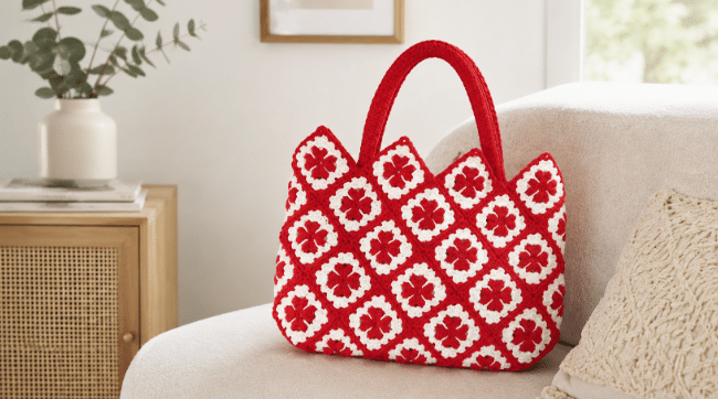 Bolsa de crochê vermelha e branca feita com squares florais, apoiada sobre sofá claro em ambiente aconchegante e decorado com tons neutros.