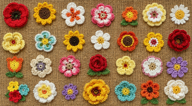 Várias flores de crochê coloridas, em diferentes formatos e tamanhos, organizadas sobre um fundo de juta em composição artesanal e decorativa.