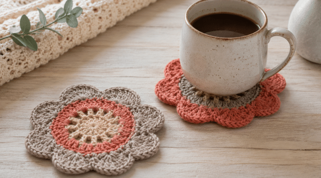 Porta-copos de crochê em formato de flor, em tons de bege, creme e coral, sobre mesa de madeira clara, com uma caneca de café apoiada em um deles em um cenário aconchegante.