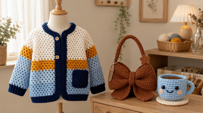 Blusa de crochê infantil em manequim, bolsa de crochê marrom em formato de laço sobre uma superfície de madeira e xícara de crochê azul com rostinho, reunidas em um ambiente artesanal aconchegante.