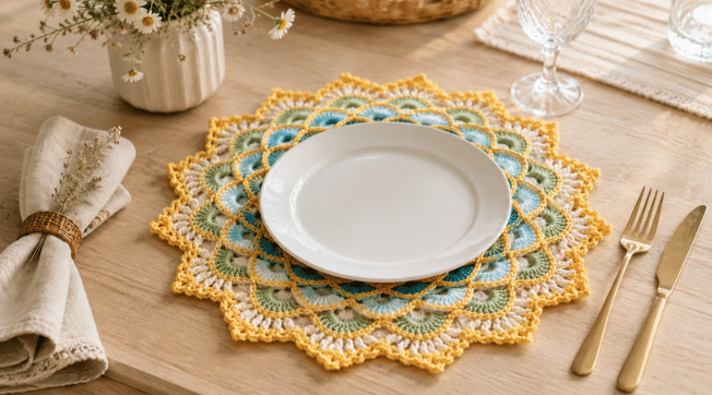 Sousplat de crochê colorido em tons de amarelo, creme, verde e azul, usado em uma mesa posta com prato branco, talheres dourados, guardanapo de linho e flores delicadas.