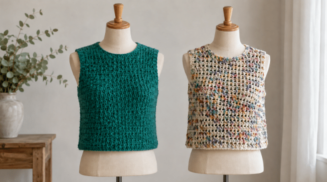 Dois coletes de crochê expostos em manequins, sendo um verde-azulado com textura fechada e outro off-white mesclado com fios coloridos em ponto vazado, em ambiente neutro e iluminado.