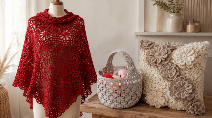Composição de peças de crochê em ambiente aconchegante: um xale vermelho rendado em manequim, uma cesta de crochê clara com brinquedos sobre a mesa e uma almofada floral em tons neutros ao lado.