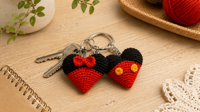 Dois chaveiros de crochê em formato de coração, nas cores vermelho e preto, unidos a um chaveiro com chaves metálicas sobre uma superfície de madeira, em composição artesanal e aconchegante.