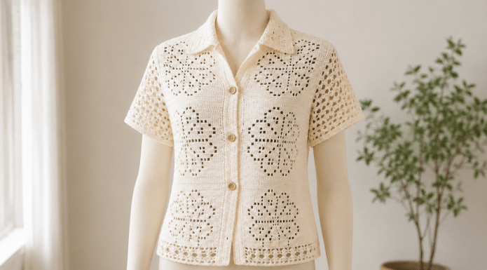Manequim sem rosto usando camisa de crochê off-white com botões frontais, gola, mangas curtas e desenhos florais vazados, em ambiente claro e minimalista.