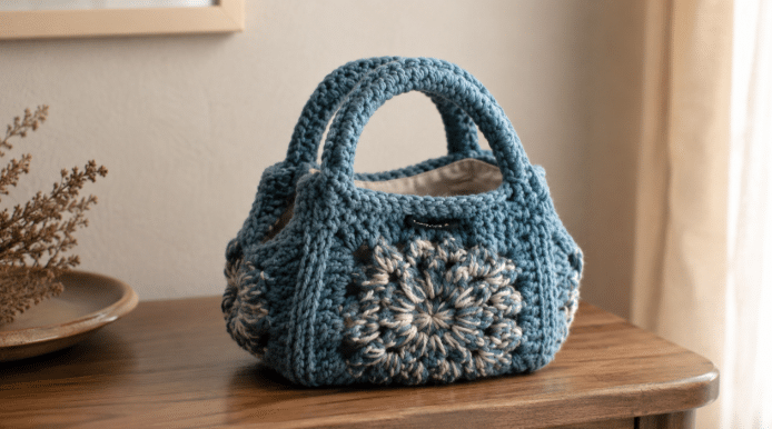 Bolsa de crochê azul com alças arredondadas e aplicação floral em tons de azul, bege e branco, exposta sobre mesa de madeira em ambiente aconchegante.