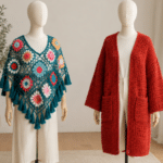 Dois manequins sem rosto usando peças de crochê em ambiente claro: um com xale azul-petróleo com flores coloridas e franjas, e outro com casaco longo vermelho de crochê com mangas amplas e bolsos.