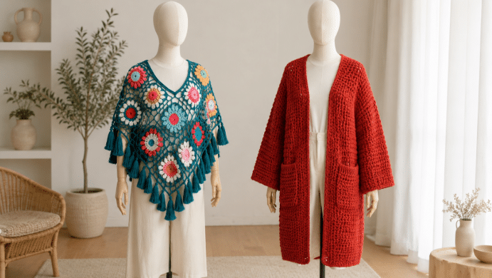 Dois manequins sem rosto usando peças de crochê em ambiente claro: um com xale azul-petróleo com flores coloridas e franjas, e outro com casaco longo vermelho de crochê com mangas amplas e bolsos.