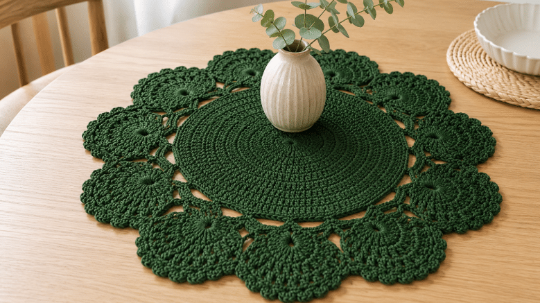 Toalha de mesa de crochê verde com centro circular fechado e bordas florais vazadas, decorada com vaso pequeno sobre mesa de madeira clara em ambiente iluminado.