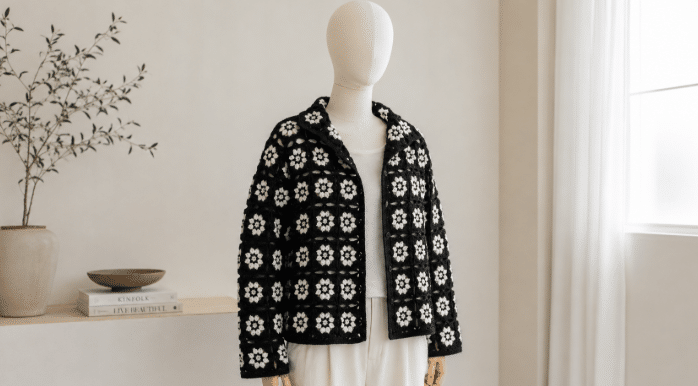 Manequim sem rosto usando cardigan de crochê preto com squares florais brancos, em ambiente minimalista e iluminado.
