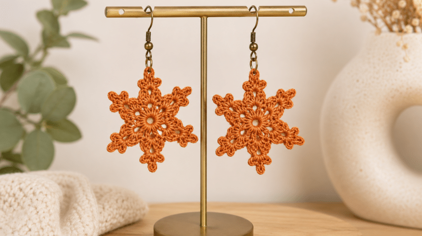 Par de brincos de crochê laranja em formato floral, pendurado em expositor dourado sobre mesa de madeira, com fundo neutro e decoração delicada.