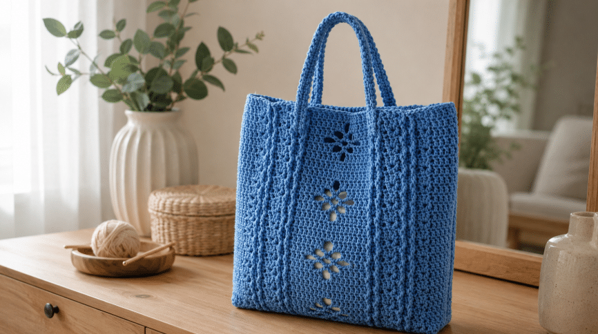 Bolsa azul de crochê artesanal exposta sobre móvel de madeira em ambiente iluminado, com detalhes vazados em formato de flores e alças duplas.