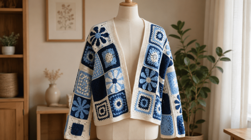 Cardigan de crochê com squares em tons de azul, branco e bege exposto em manequim, com detalhes florais e acabamento artesanal.