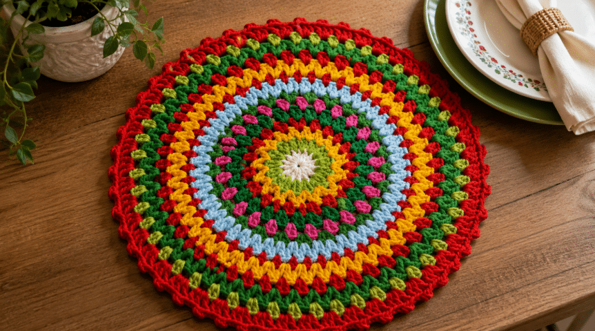 Sousplat colorido em crochê sobre mesa de madeira, com círculos em tons de vermelho, verde, amarelo, azul e rosa, acompanhado de louças e planta decorativa.