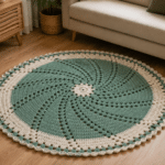 Tapete redondo de crochê verde e branco no chão de uma sala aconchegante, com sofá claro, móveis de madeira e plantas decorativas ao redor.