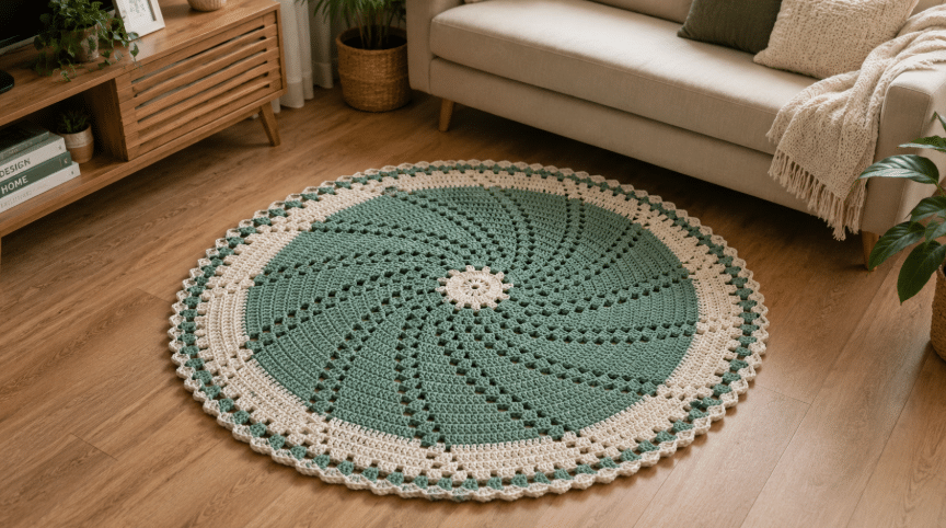 Tapete redondo de crochê verde e branco no chão de uma sala aconchegante, com sofá claro, móveis de madeira e plantas decorativas ao redor.