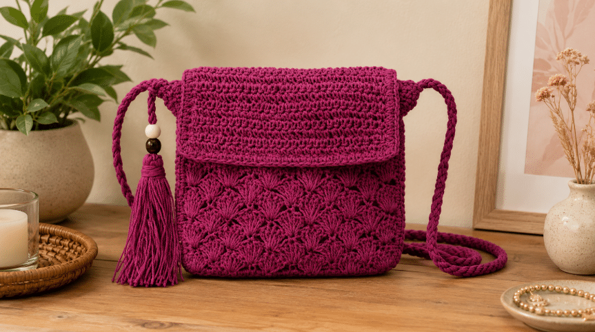 Bolsa de crochê magenta com alça transversal e tassel decorativo exposta sobre móvel de madeira, em ambiente aconchegante com planta, vela e objetos artesanais.