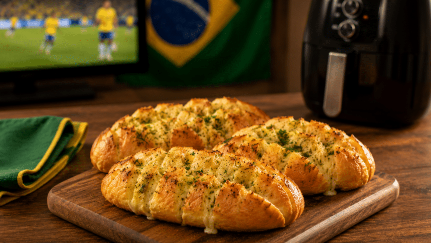 Pães de alho caseiros dourados com queijo derretido servidos em tábua de madeira, com Air Fryer ao fundo, televisão exibindo jogo de futebol e detalhes em verde e amarelo.