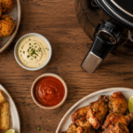 Mesa de madeira vista de cima com três petiscos de boteco feitos na Air Fryer: bolinho de arroz, mandioca crocante e frango a passarinho, acompanhados de molhos, limão e Air Fryer ao lado.