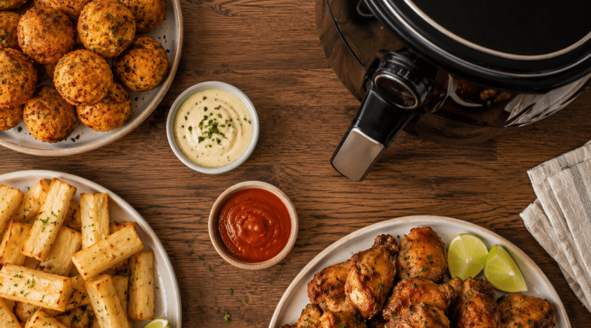 Mesa de madeira vista de cima com três petiscos de boteco feitos na Air Fryer: bolinho de arroz, mandioca crocante e frango a passarinho, acompanhados de molhos, limão e Air Fryer ao lado.