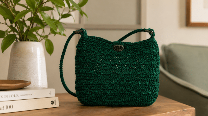 Bolsa de crochê verde exposta sobre mesa de madeira, com fecho metálico, alça longa e textura artesanal em destaque, ao lado de livros e vaso com planta em ambiente aconchegante.