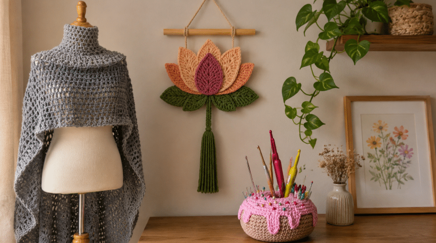 Ambiente artesanal aconchegante com xale de crochê cinza em manequim, painel decorativo de flor em crochê na parede e porta-agulhas de crochê sobre mesa de madeira.