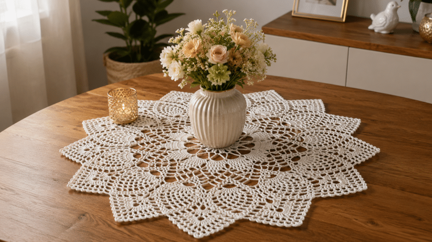 Centro de mesa em crochê branco sobre mesa de madeira, com desenho rendado em formato floral, vaso de cerâmica com flores e vela decorativa ao lado.