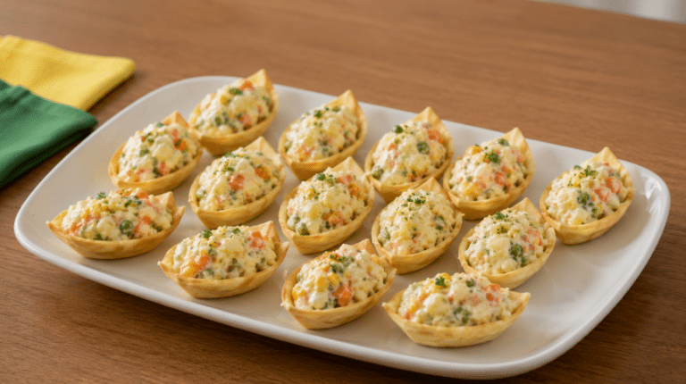 Barquinhas crocantes recheadas com maionese cremosa de legumes, servidas em travessa branca sobre mesa de madeira, com guardanapo verde e amarelo ao fundo.