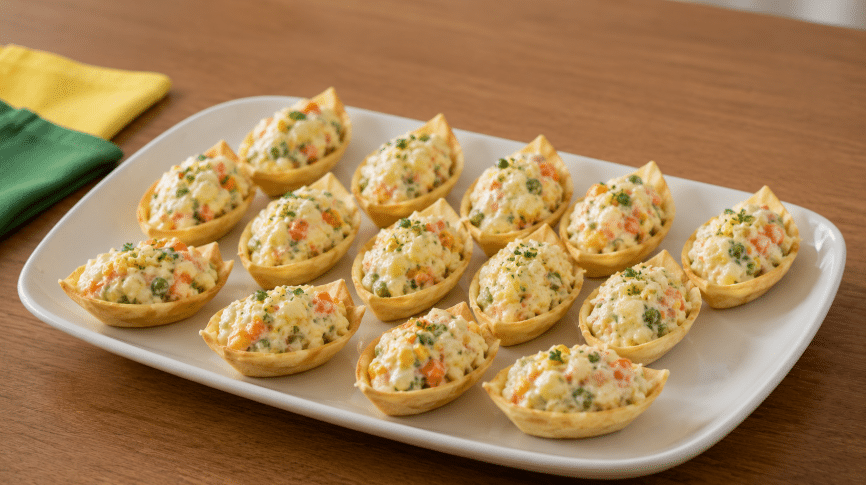 Barquinhas crocantes recheadas com maionese cremosa de legumes, servidas em travessa branca sobre mesa de madeira, com guardanapo verde e amarelo ao fundo.