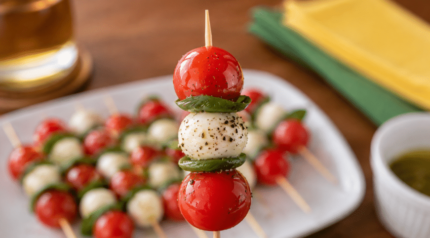 Espetinho caprese em close, com tomate-cereja, muçarela e folhas de manjericão, segurado em destaque sem mostrar a mão, com outros espetinhos desfocados ao fundo.