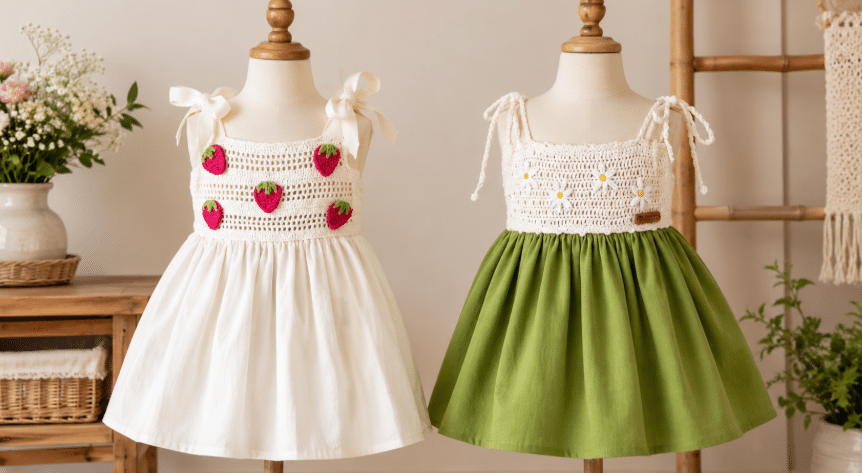 Dois vestidos infantis de tecido com detalhes em crochê expostos em manequins, sendo um branco com aplicações de morango e outro verde com flores delicadas.